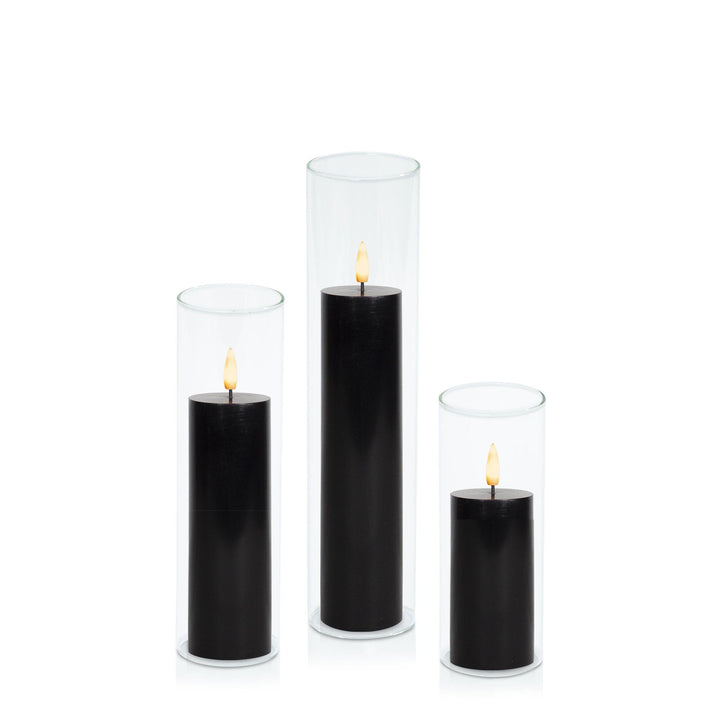 Black 5cm LED Pillar in 5.8cm Glass, Lg - Set of 6