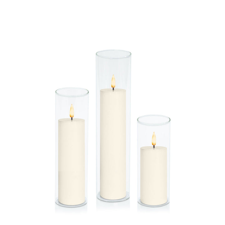 Ivory 5cm LED Pillar in 5.8cm Glass, Lg - Set of 6