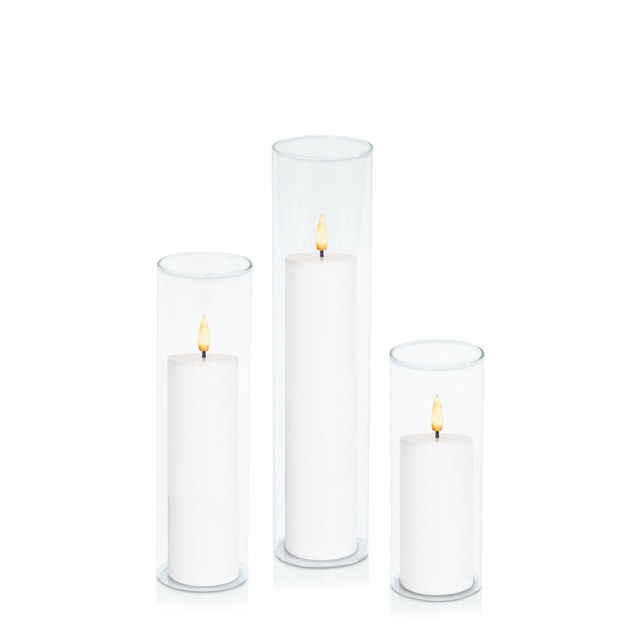 White 5cm LED Pillar in 5.8cm Glass, Lg - Set of 6
