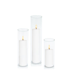 White 5cm LED Pillar in 5.8cm Glass, Lg - Set of 6