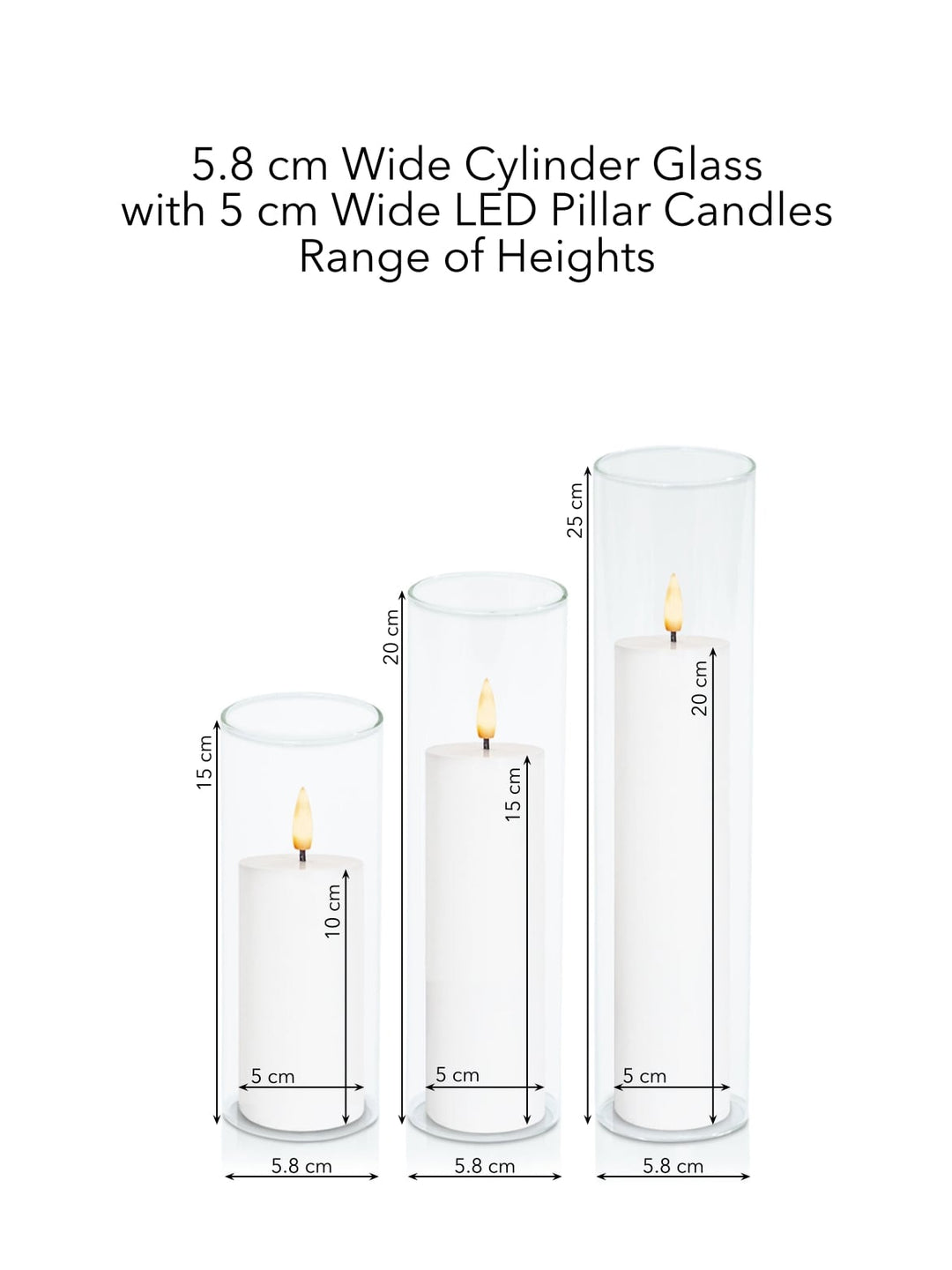 White 5cm LED Pillar in 5.8cm Glass, Lg - Set of 6