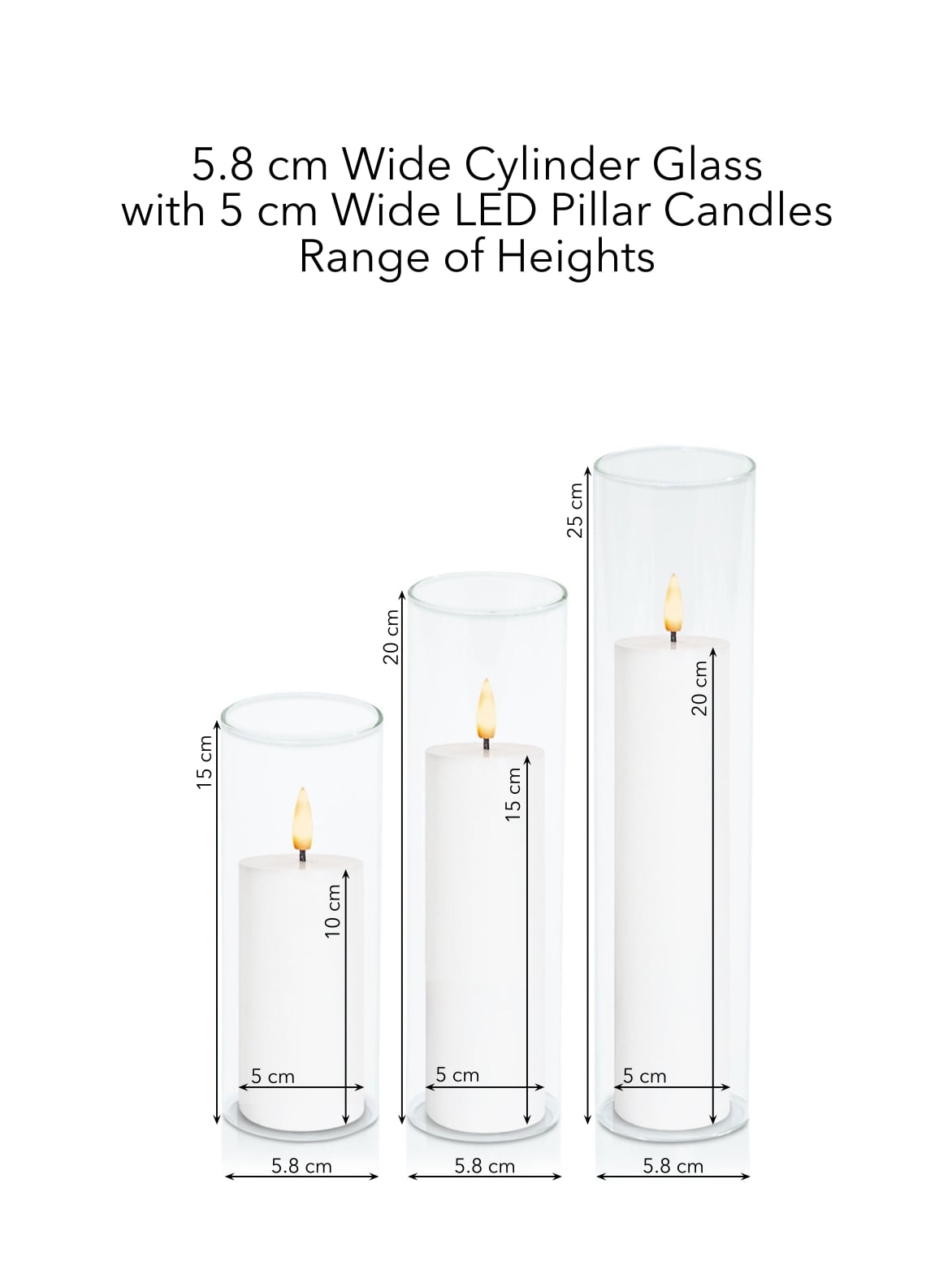 White 5cm LED Pillar in 5.8cm Glass, Lg - Set of 6