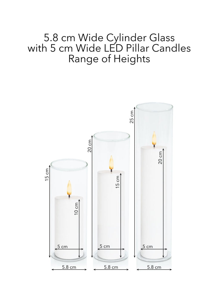 White 5cm LED Pillar in 5.8cm Glass, Lg - Set of 6