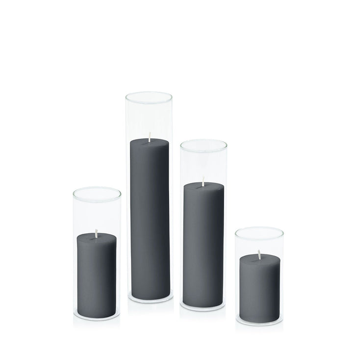Charcoal 5cm Pillar in 5.8cm Glass, Med - Set of 6