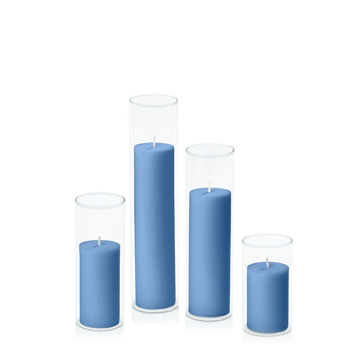 Dusty Blue 5cm Pillar in 5.8cm Glass, Med - Set of 6