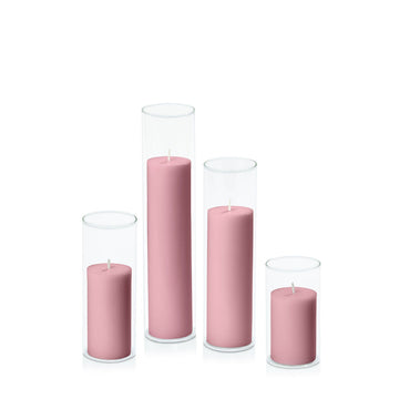 Dusty Pink 5cm Pillar in 5.8cm Glass, Med - Set of 6