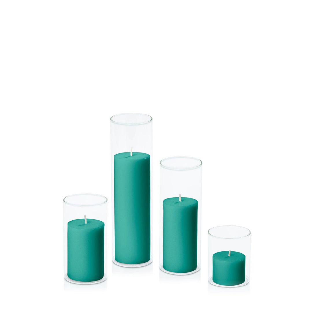 Emerald Green 5cm Pillar in 5.8cm Glass, Sm - Set of 6