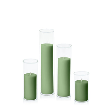 Green 5cm Pillar in 5.8cm Glass, Med - Set of 6