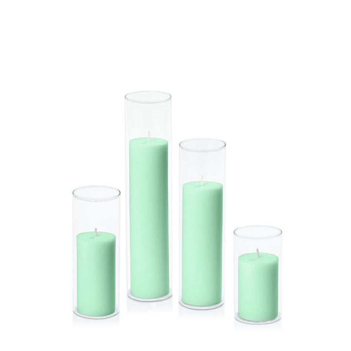 Mint Green 5cm Pillar in 5.8cm Glass, Med - Set of 6