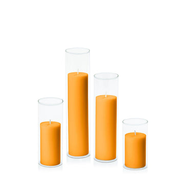 Orange 5cm Pillar in 5.8cm Glass, Med - Set of 6