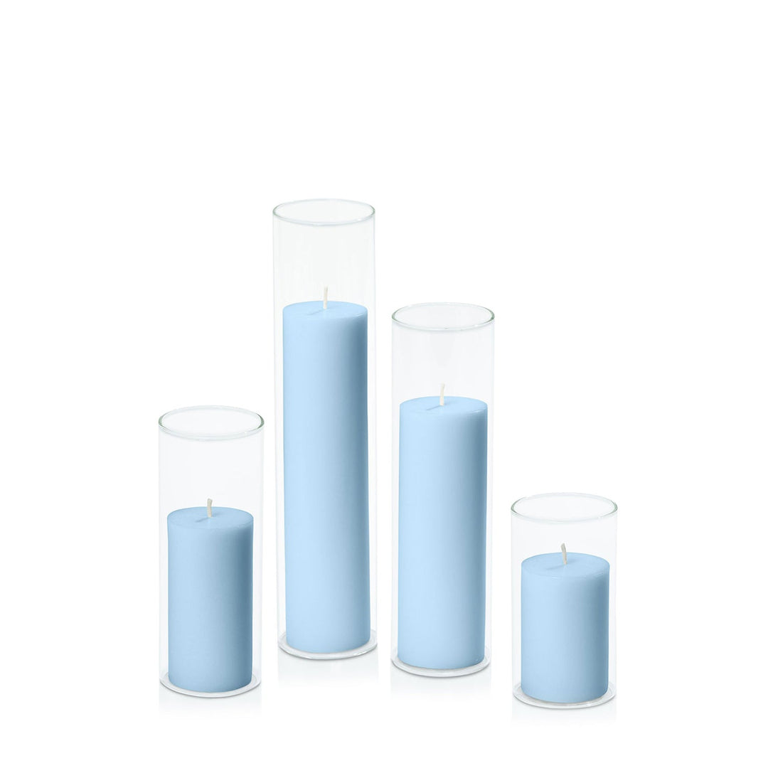 Pastel Blue 5cm Pillar in 5.8cm Glass, Med - Set of 6