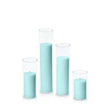 Pastel Teal 5cm Pillar in 5.8cm Glass, Med - Set of 6