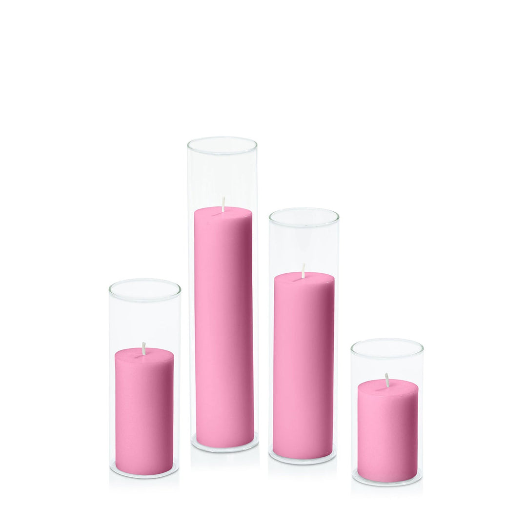 Rose Pink 5cm Pillar in 5.8cm Glass, Med - Set of 6