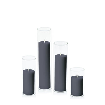 Steel Blue 5cm Pillar in 5.8cm Glass, Med - Set of 6