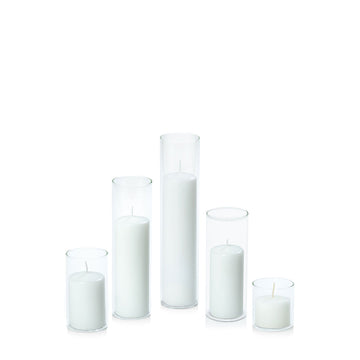White 5cm Event Pillar in 5.8cm Glass, Sm - Set of 6