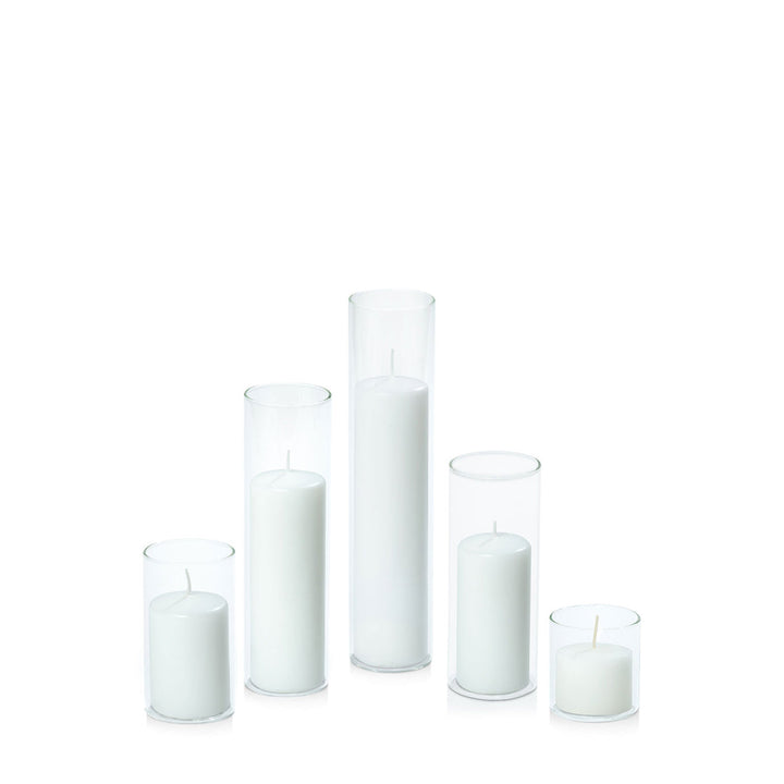 White 5cm Event Pillar in 5.8cm Glass, Sm - Set of 6