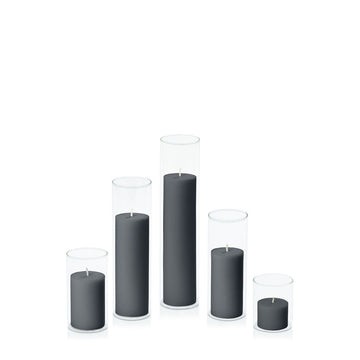 Charcoal 5cm Pillar in 5.8cm Glass, Sm - Set of 6