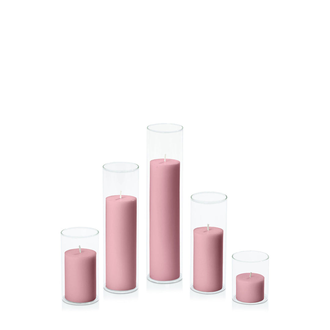 Dusty Pink 5cm Pillar in 5.8cm Glass, Sm - Set of 6