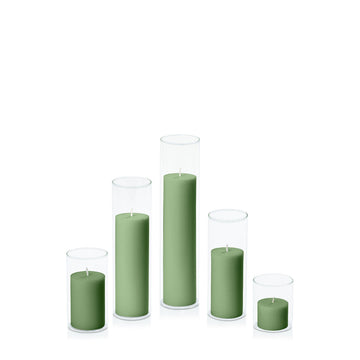 Green 5cm Pillar in 5.8cm Glass, Sm - Set of 6