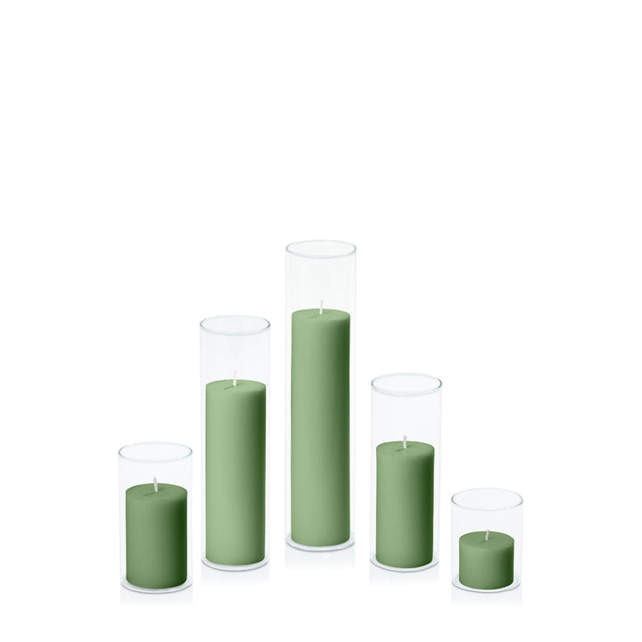 Green 5cm Pillar in 5.8cm Glass, Sm - Set of 6