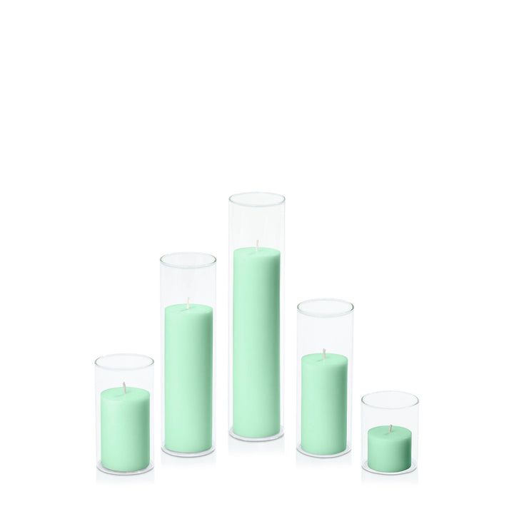 Mint Green 5cm Pillar in 5.8cm Glass, Sm - Set of 6