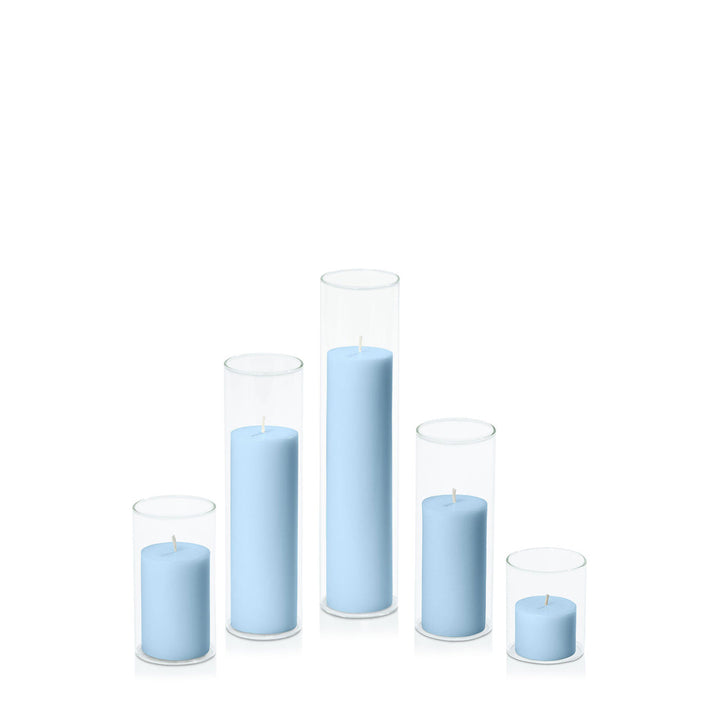 Pastel Blue 5cm Pillar in 5.8cm Glass, Sm - Set of 6