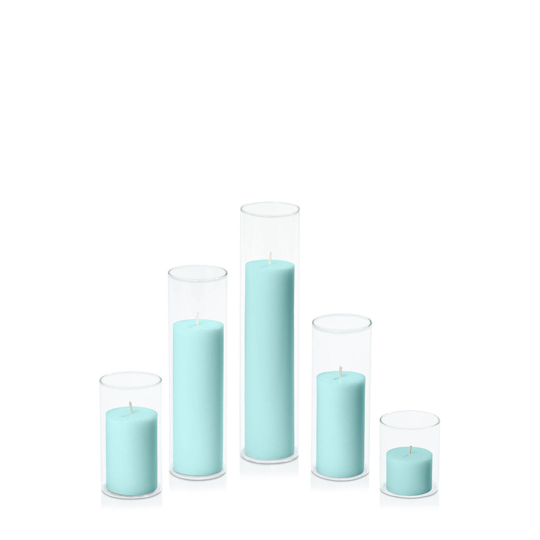 Pastel Teal 5cm Pillar in 5.8cm Glass, Sm - Set of 6