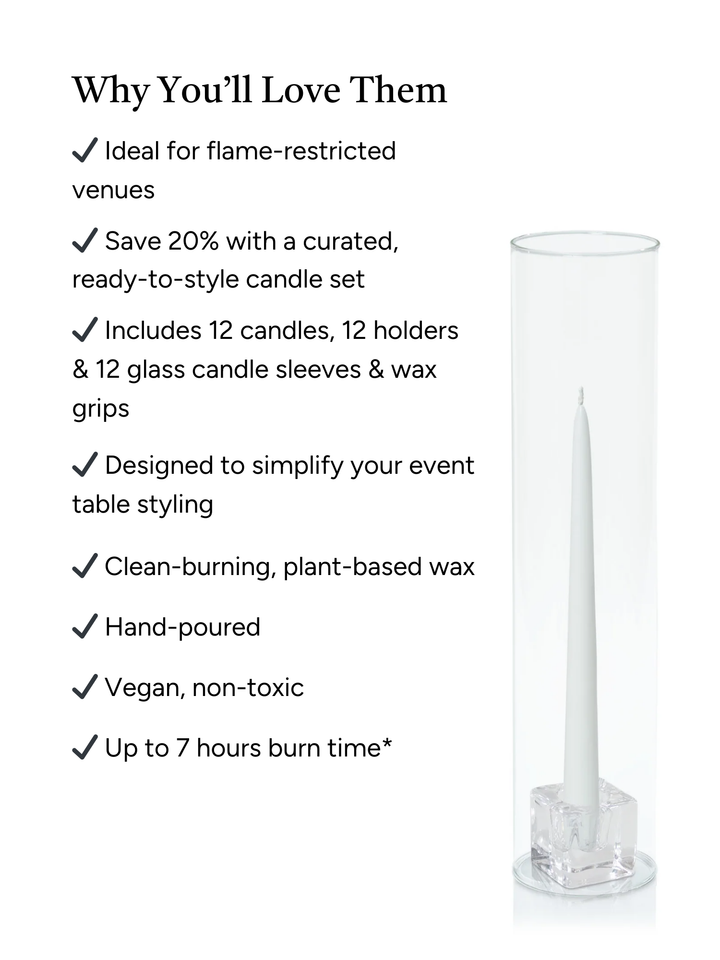 White 25cm Taper Candles with Small Glass Holders and Sleeves - Set of 12