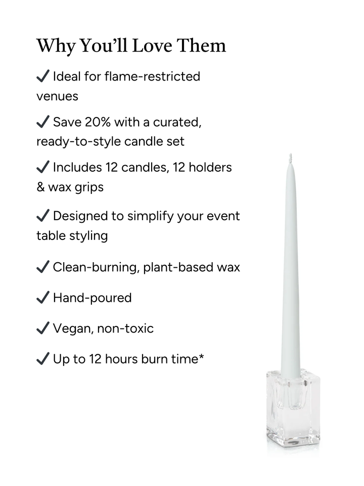 White 25cm Taper Candles with Medium Glass Holders - Set of 12