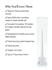 White 25cm Taper Candles with Small Glass Holders and Sleeves - Set of 12