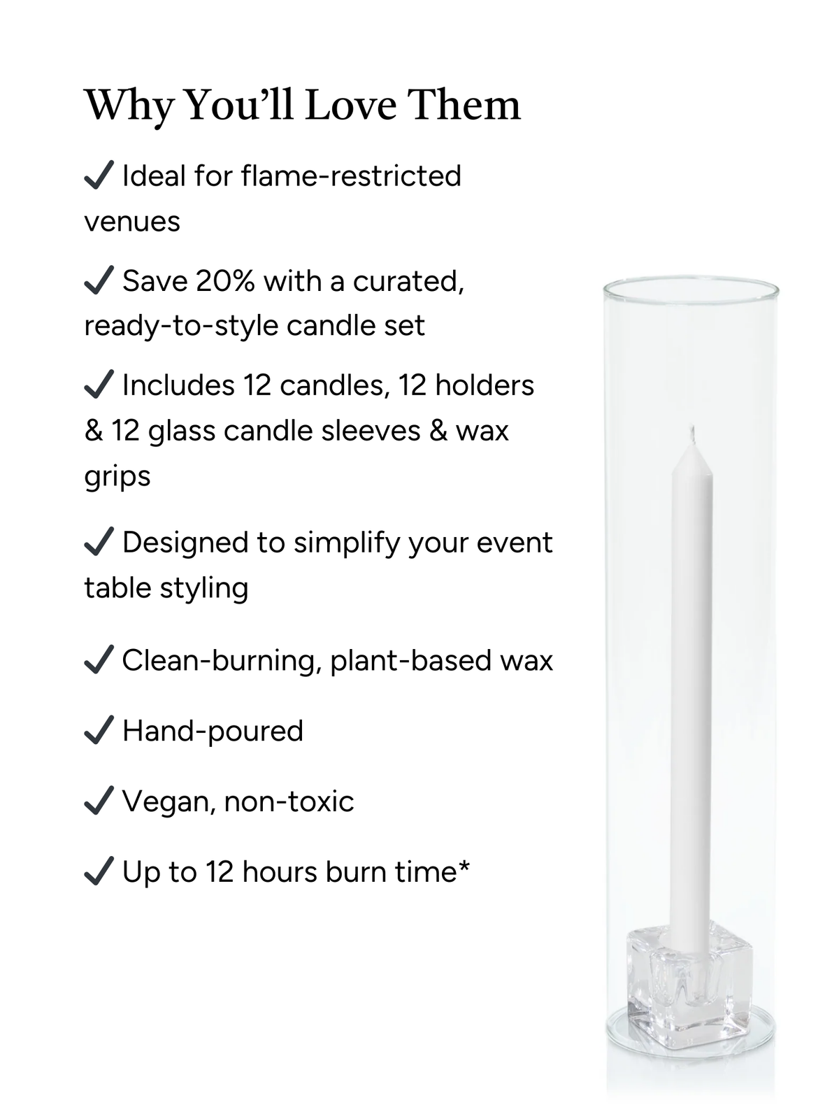 White 30cm Dinner Candles with Small Glass Holders and Sleeves - Set of 12