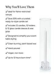 White 30cm Dinner Candles with Small Glass Holders and Sleeves - Set of 12