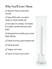 White 30cm Dinner Candles with Medium Glass Holders and Sleeves - Set of 12