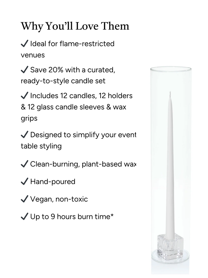 White 35cm Taper Candles with Small Glass Holders and Sleeves - Set of 12