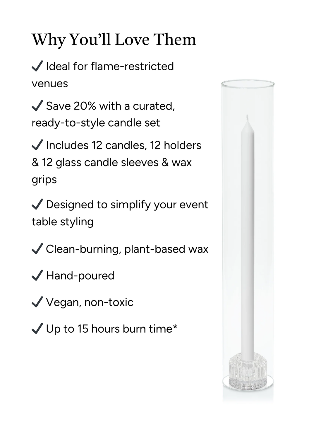 White 40cm Dinner Candles with Bella Vintage Glass Holders and Glass Sleeves - Set of 12