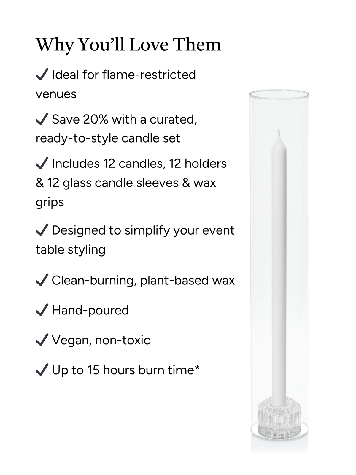White 40cm Dinner Candles with Bella Vintage Glass Holders and Glass Sleeves - Set of 12