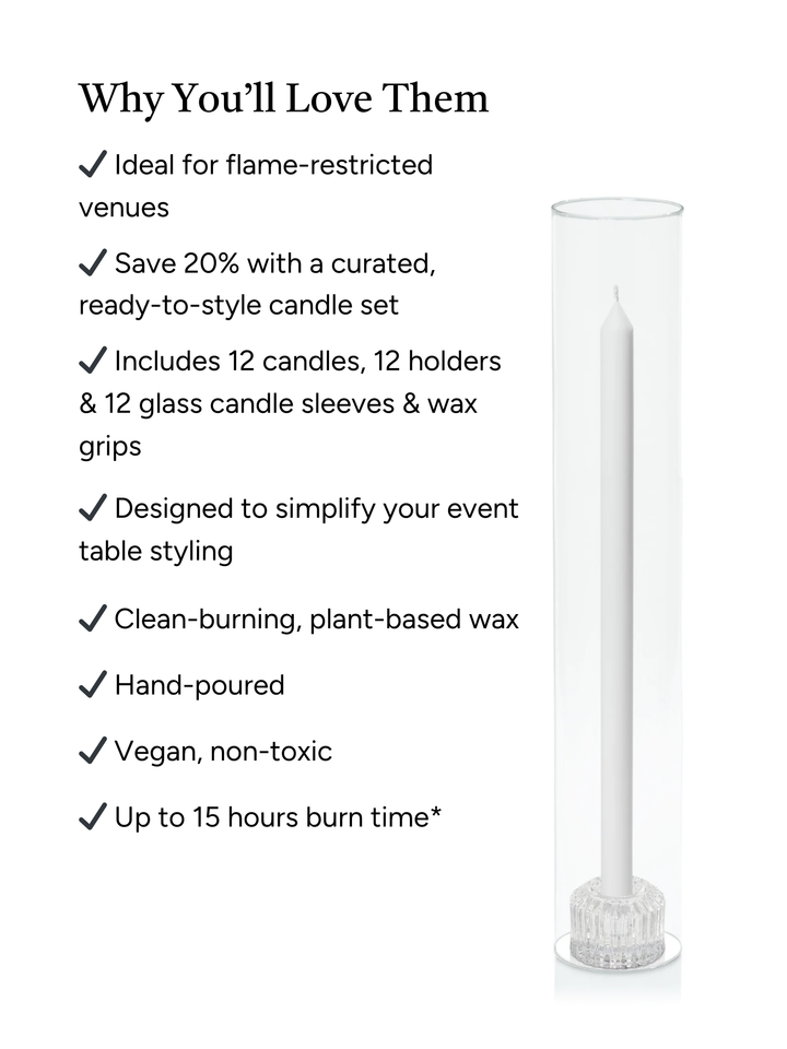 White 40cm Dinner Candles with Bella Vintage Glass Holders and Glass Sleeves - Set of 12