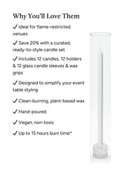 White 40cm Dinner Candles with Bella Vintage Glass Holders and Glass Sleeves - Set of 12