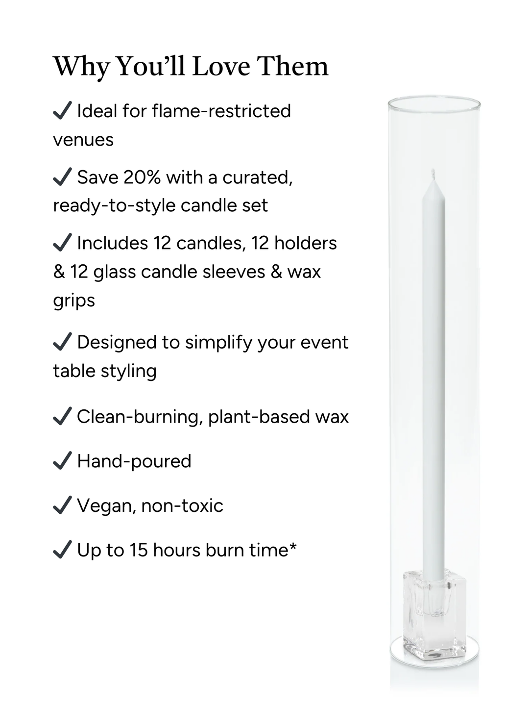 White 40cm Dinner Candles with Glass Cube Holders and Glass Sleeves - Set of 12