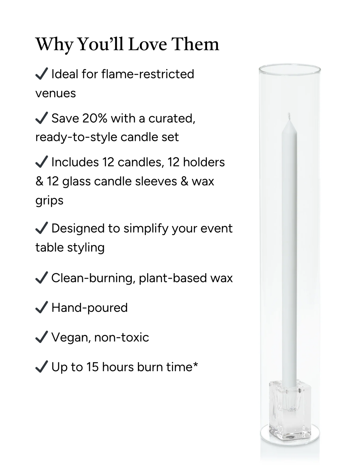 White 40cm Dinner Candles with Glass Cube Holders and Glass Sleeves - Set of 12