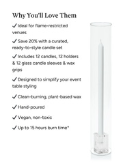 White 40cm Dinner Candles with Glass Cube Holders and Glass Sleeves - Set of 12