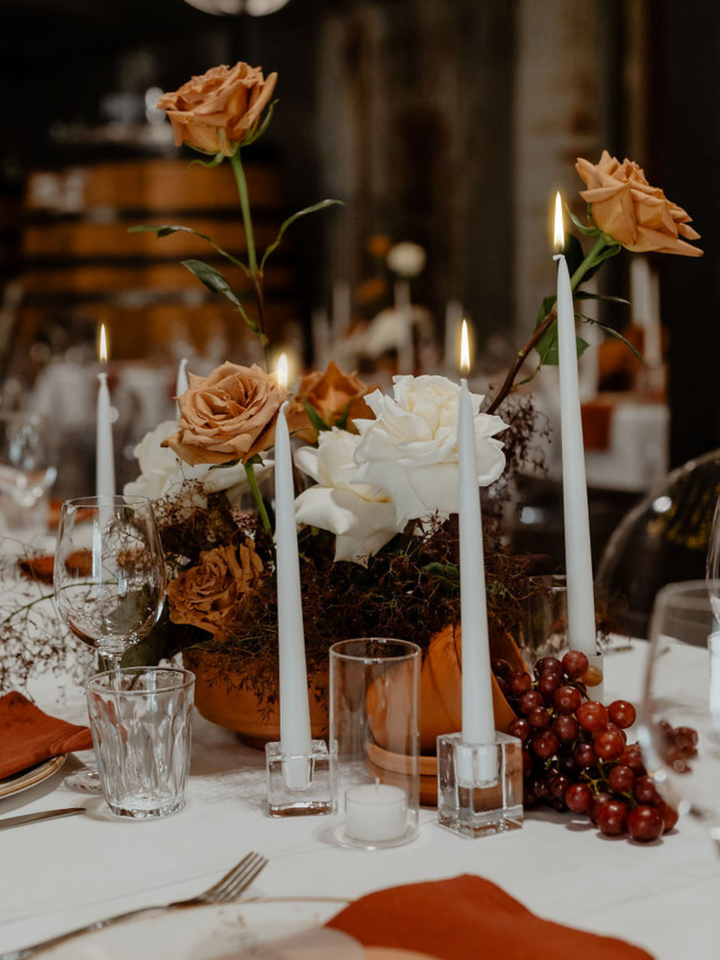 White 25cm Taper Candles with Small Glass Holders - Set of 12