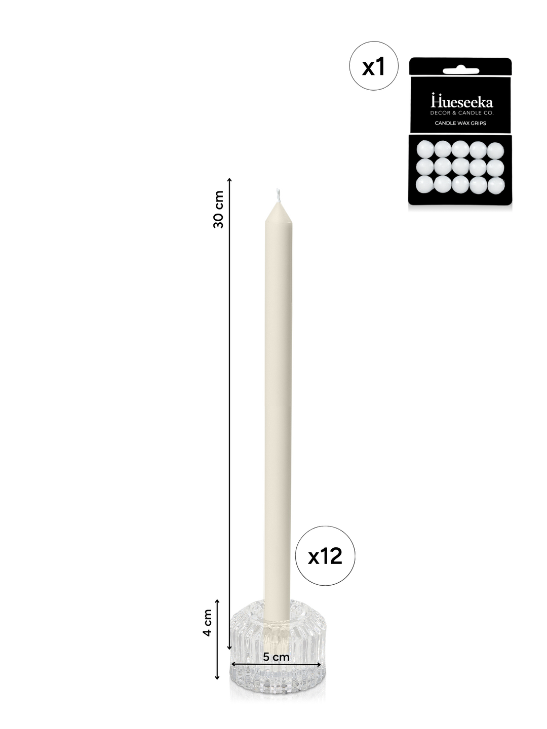 Ivory 30cm Dinner Candles with Bella Vintage Glass Holders - Set of 12 Pack of 12