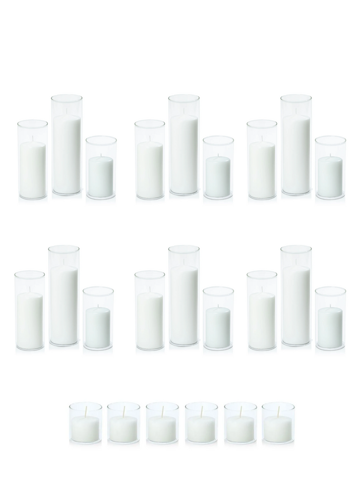 White Event Pillar Candles & Glass Wedding Bundle - Large