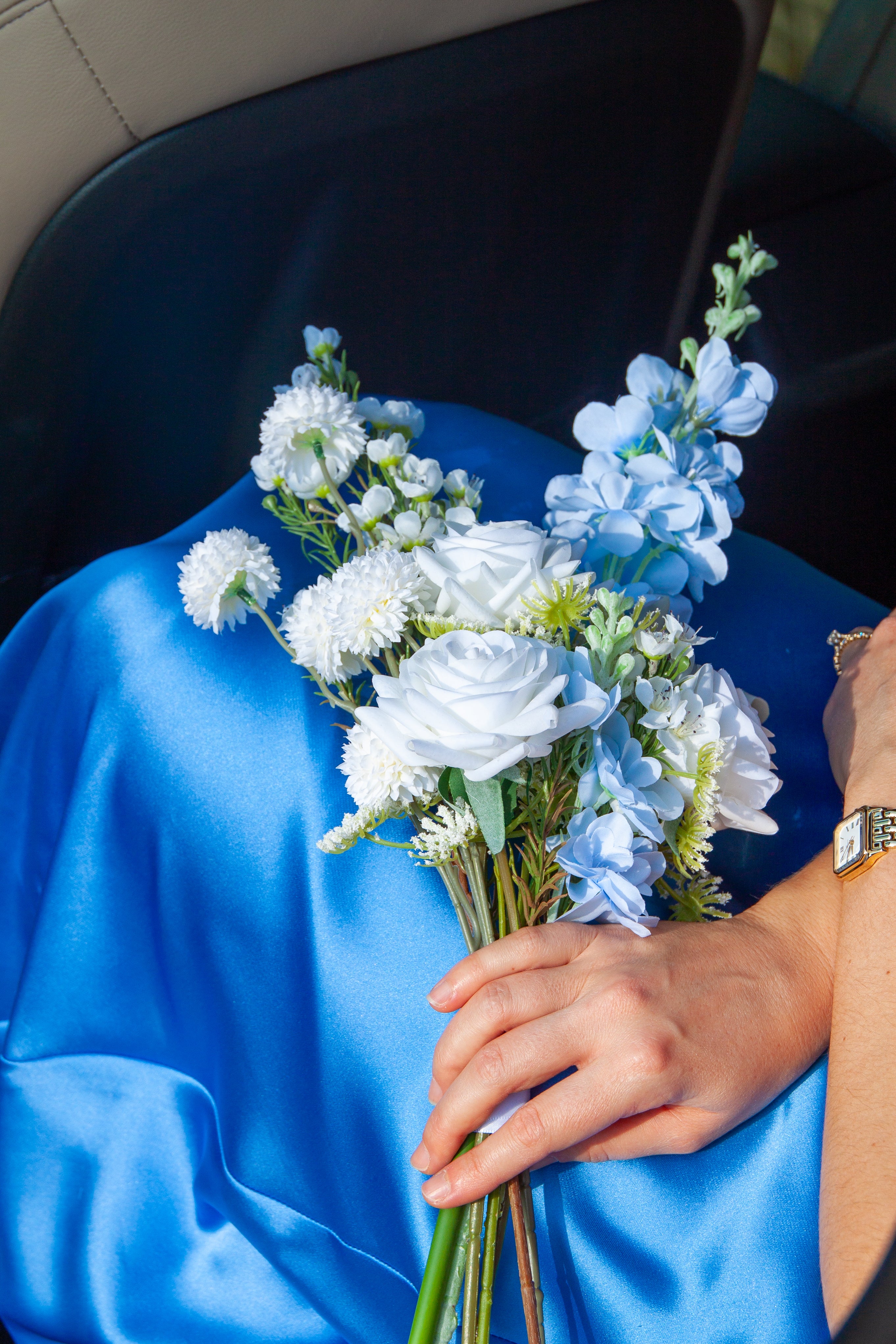 Blue Delphinium & White Rose Bridesmaid Bouquet