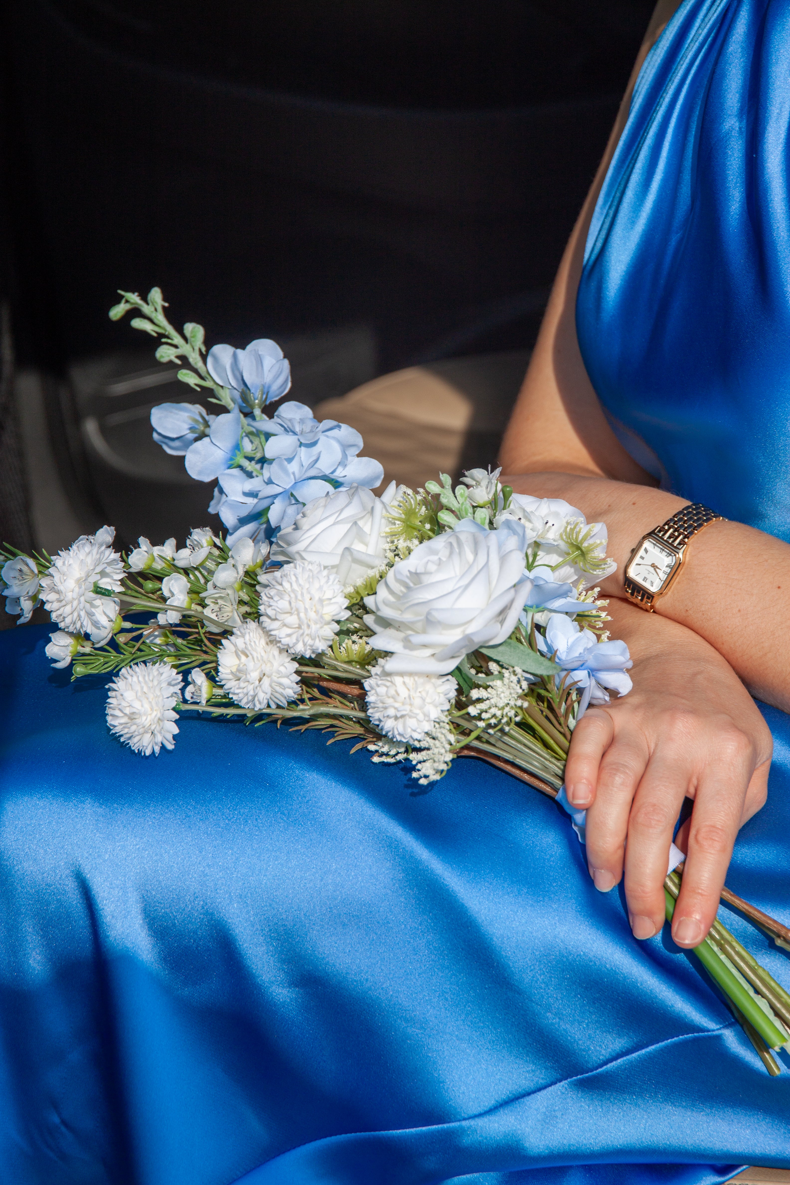 Blue Delphinium & White Rose Bridesmaid Bouquet