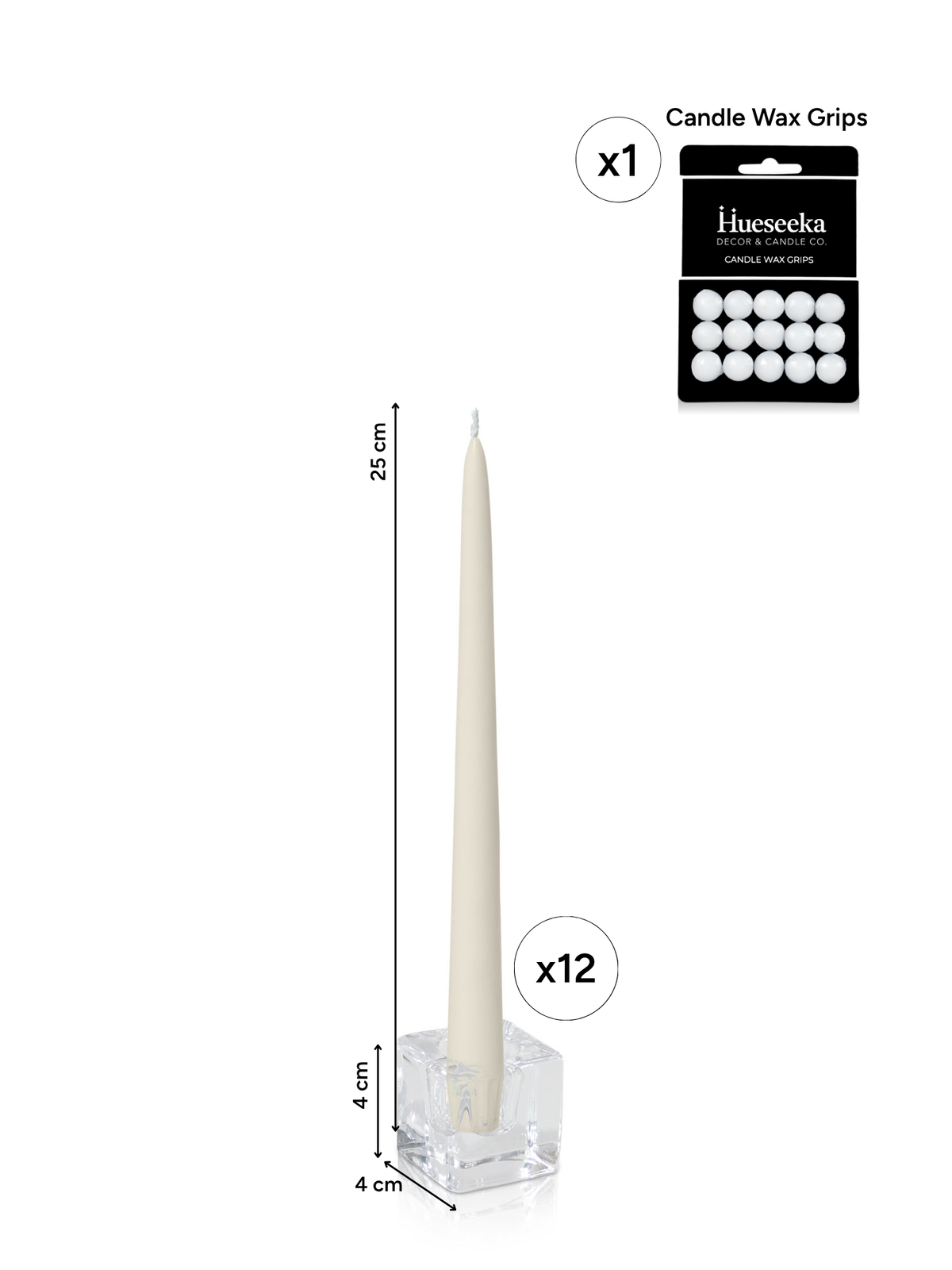 Ivory 25cm Taper Candles with Small Glass Holders - Set of 12 Pack of  12