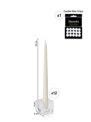 Ivory 25cm Taper Candles with Small Glass Holders - Set of 12 Pack of  12