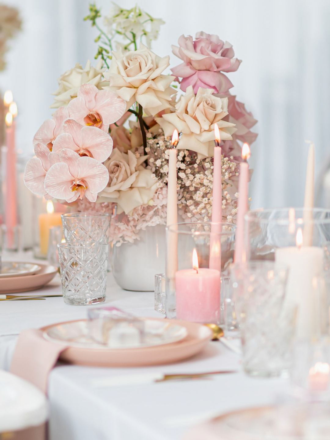 Antique Pink 25cm Taper Candles with Large Glass Holders - Set of 12 Pack of  12