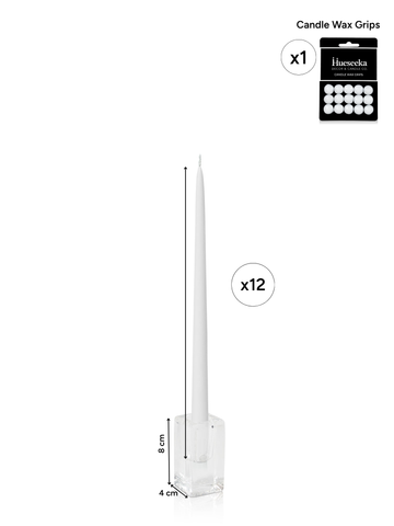 White 35cm Taper Candles with Large Glass Holders - Set of 12 Pack of 12